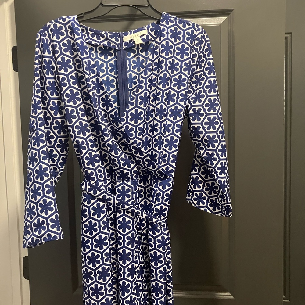 miami Blue and White Long Sleeve Geometric Romper with belt and pockets